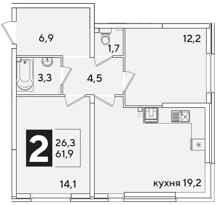 Планировка 2-комн. в ЖК «Самолет»