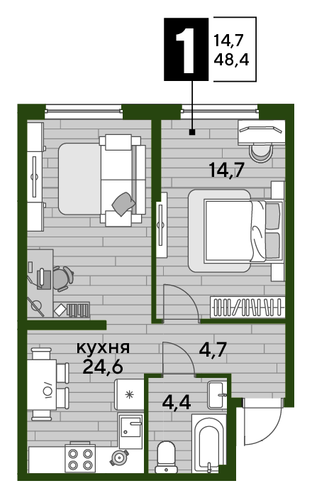 Планировка 1-комн. в ЖК «Догма Парк»