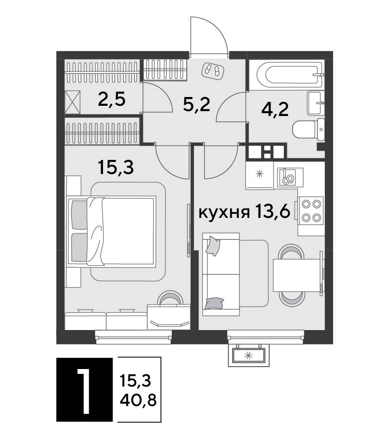 Планировка 1-комн. в ЖК «Парк Победы-2»