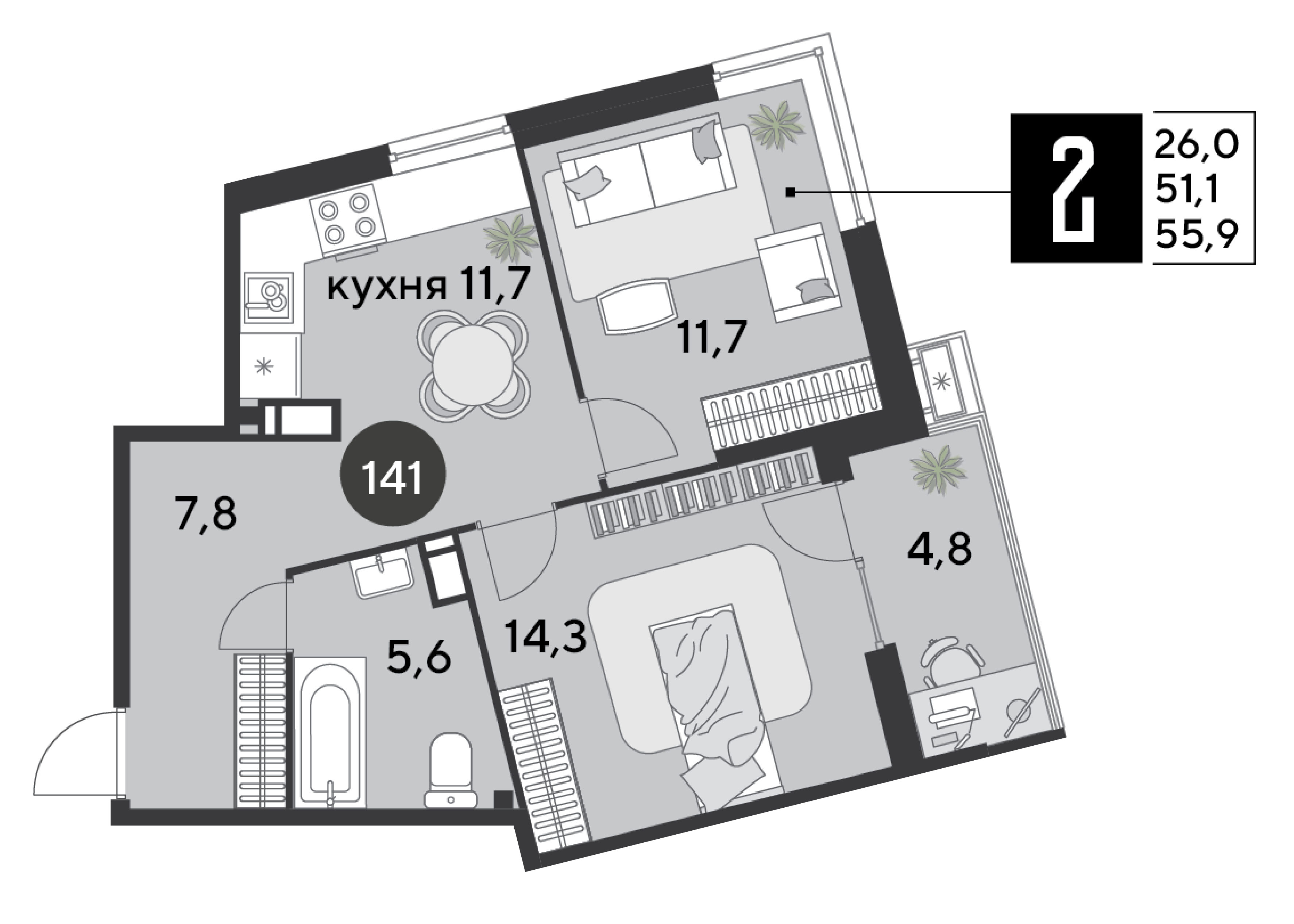 Планировка 2-комн. в ЖК «Парк Победы-2»