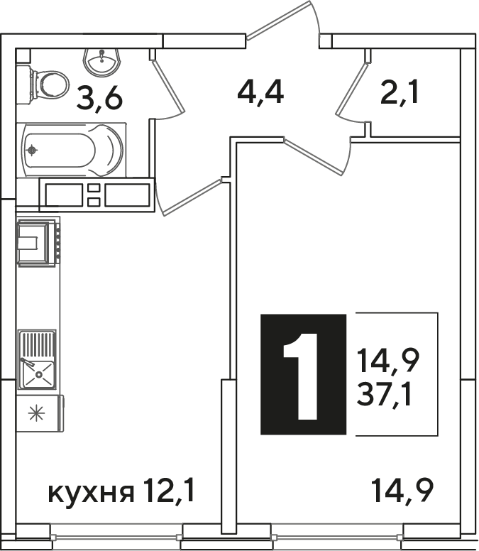 Планировка 1-комн. в ЖК «Самолет»