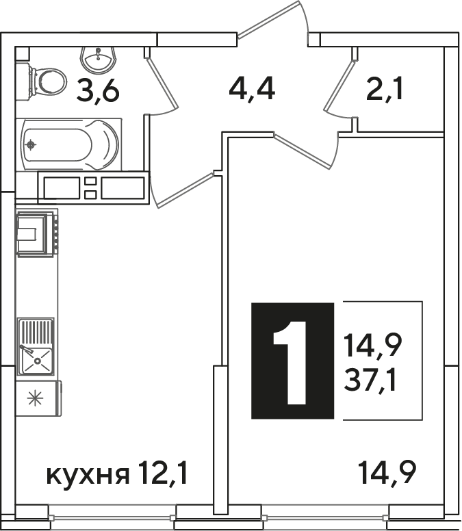 Планировка 1-комн. в ЖК «Самолет»