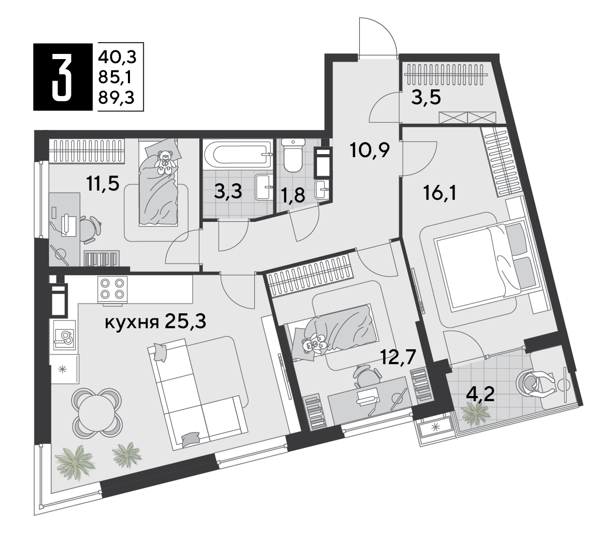 Планировка 3-комн. в ЖК «Парк Победы-2»