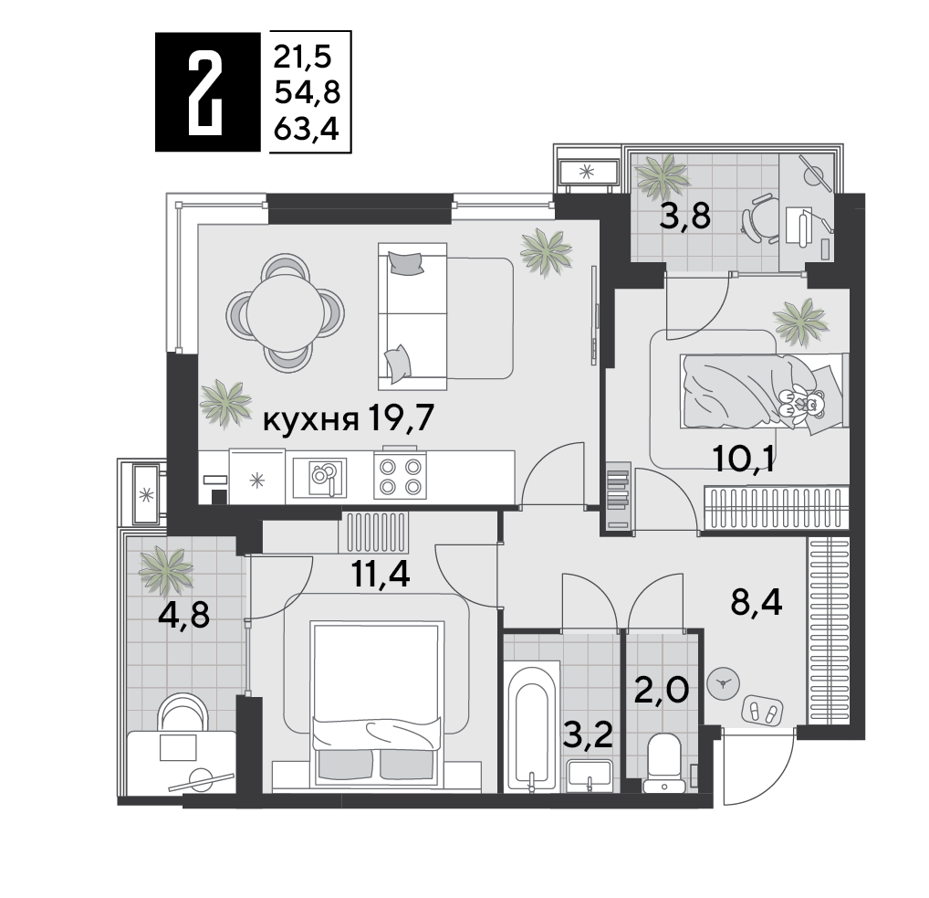 Планировка 2-комн. в ЖК «Парк Победы-2»