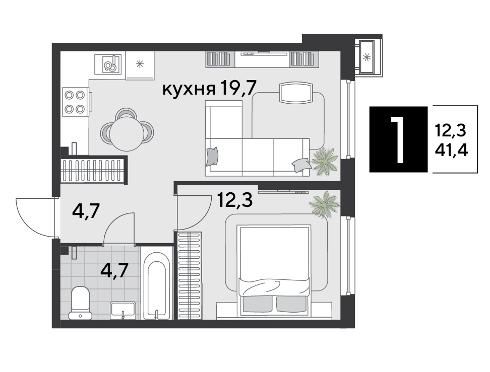 Планировка 1-комн. в ЖК «Парк Победы-2»