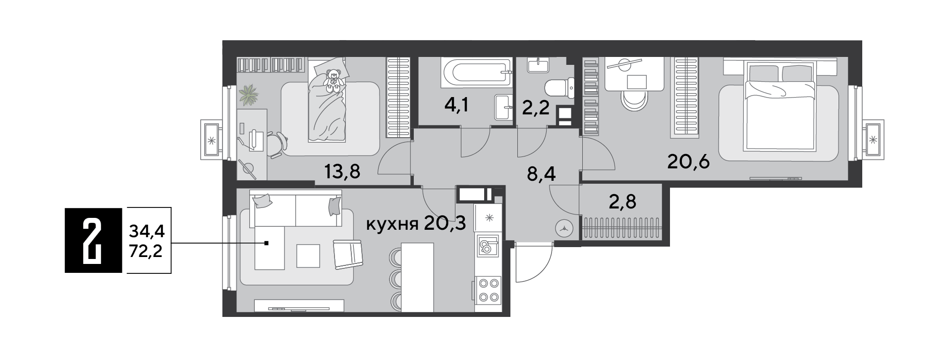 Планировка 2-комн. в ЖК «Парк Победы-2»