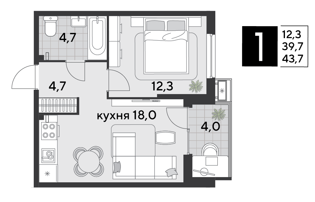 Планировка 1-комн. в ЖК «Парк Победы-2»