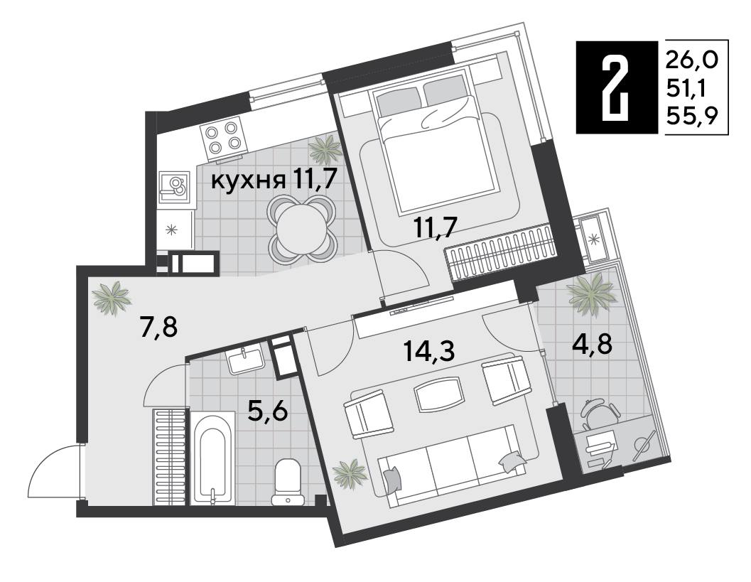 Планировка 2-комн. в ЖК «Парк Победы-2»