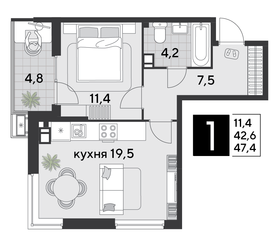 Планировка 1-комн. в ЖК «Парк Победы-2»