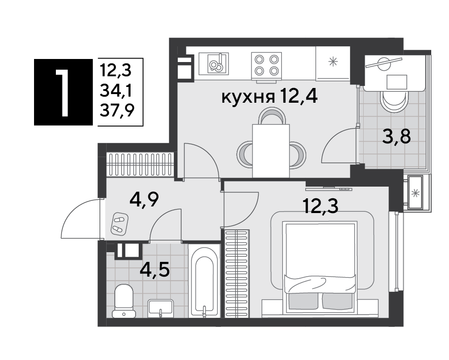 Планировка 1-комн. в ЖК «Парк Победы-2»