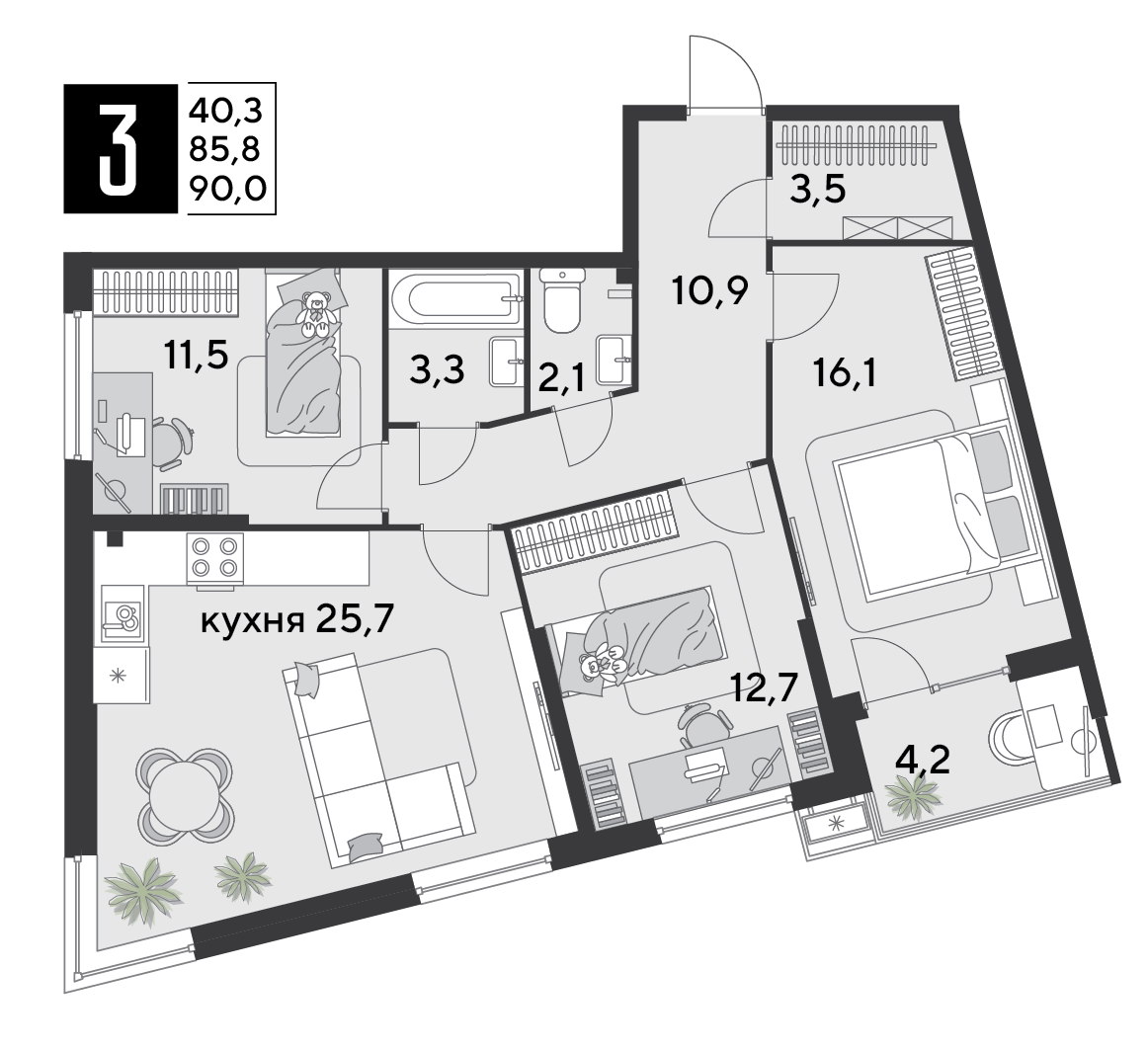Планировка 3-комн. в ЖК «Парк Победы-2»
