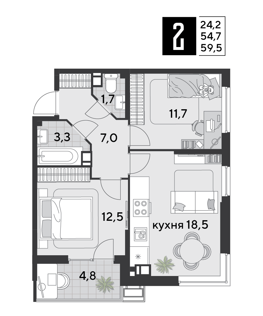 Планировка 2-комн. в ЖК «Парк Победы-2»