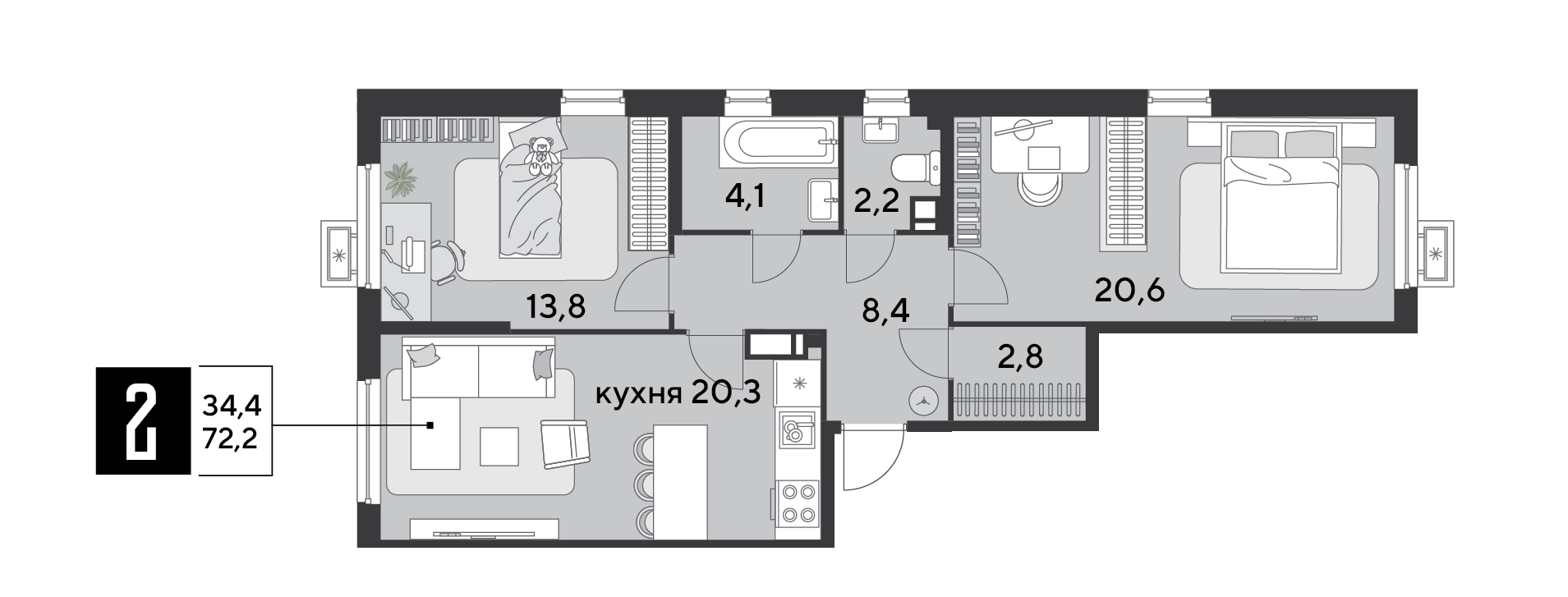 Планировка 2-комн. в ЖК «Парк Победы-2»