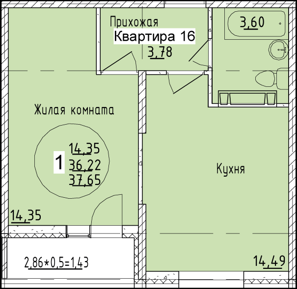 Планировка 1-комн. в ЖК «Друг»