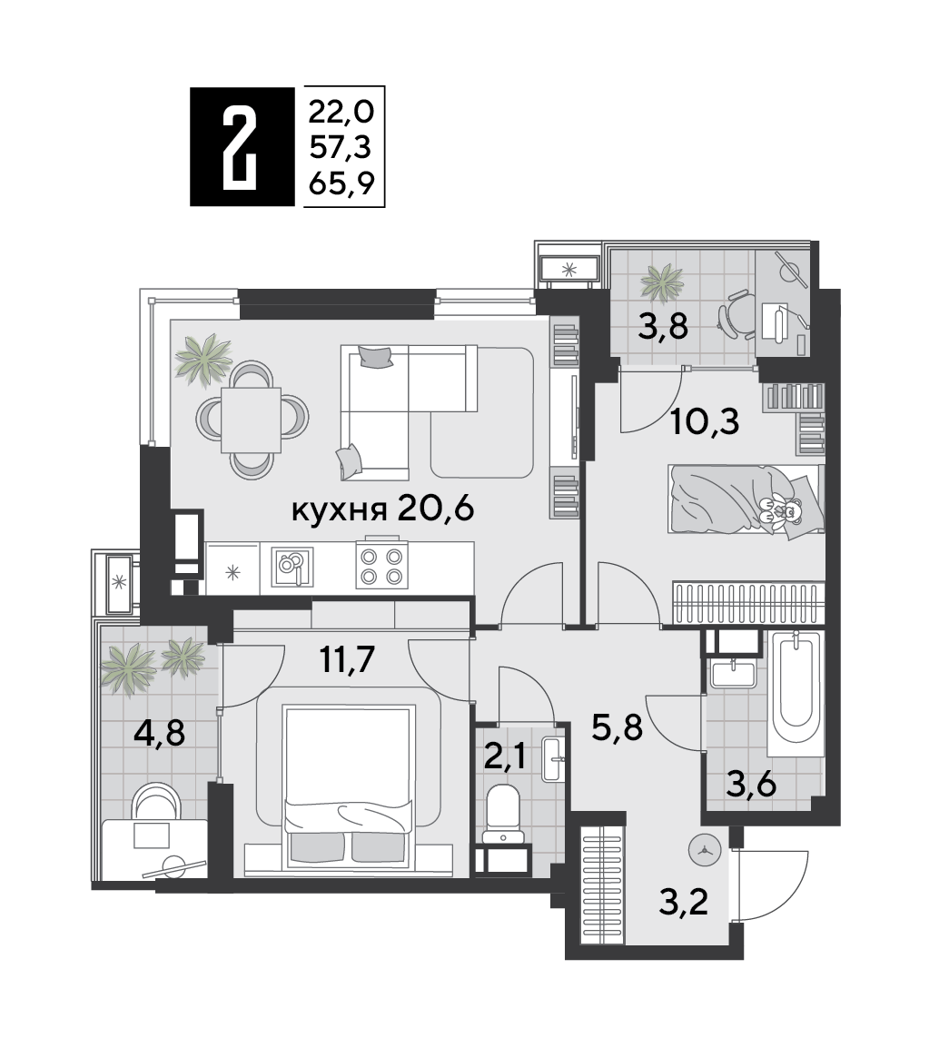 Планировка 2-комн. в ЖК «Парк Победы-2»