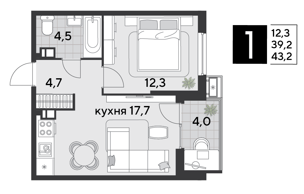 Планировка 1-комн. в ЖК «Парк Победы-2»