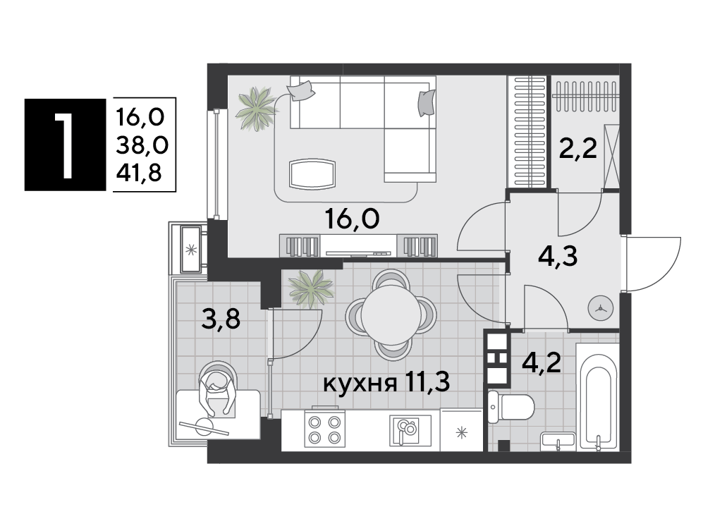 Планировка 1-комн. в ЖК «Парк Победы-2»