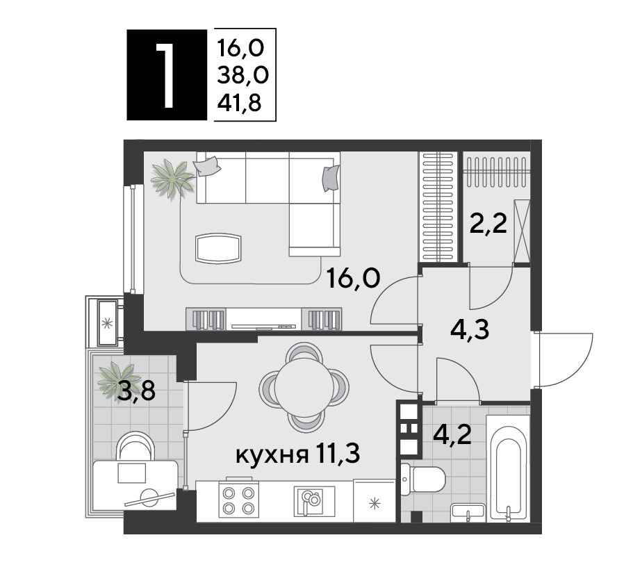 Планировка 1-комн. в ЖК «Парк Победы-2»