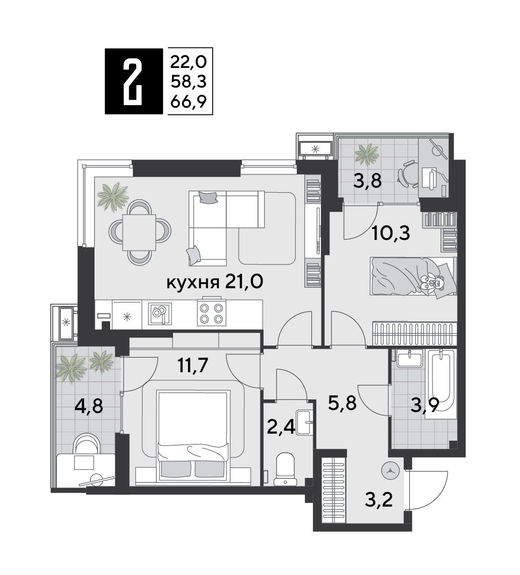 Планировка 2-комн. в ЖК «Парк Победы-2»
