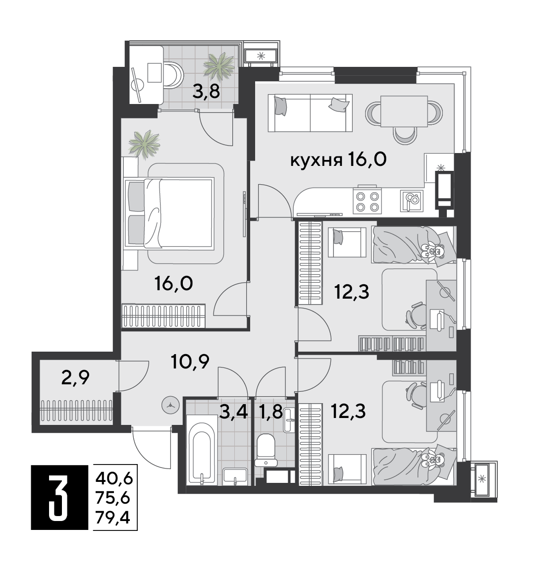 Планировка 3-комн. в ЖК «Парк Победы-2»
