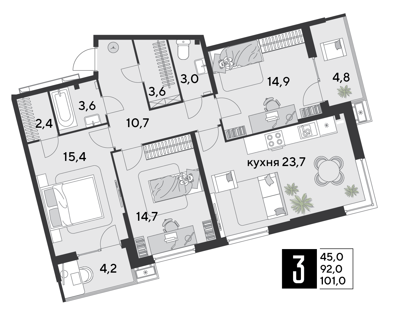 Планировка 3-комн. в ЖК «Парк Победы-2»