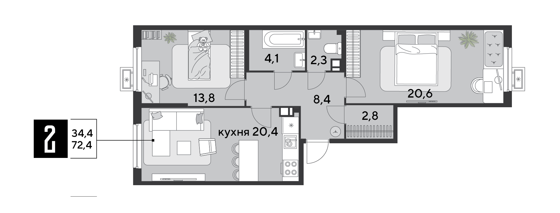Планировка 2-комн. в ЖК «Парк Победы-2»