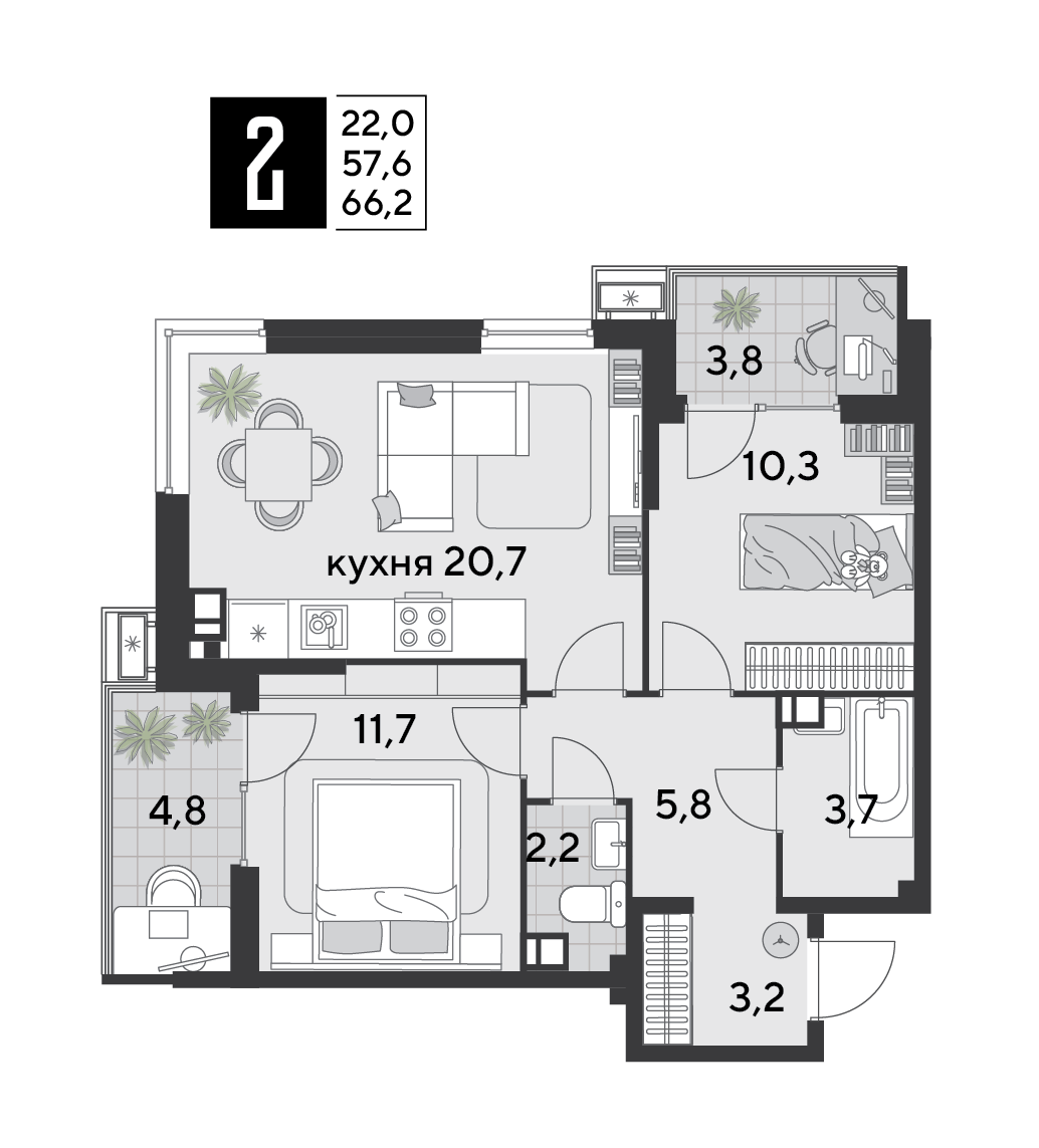 Планировка 2-комн. в ЖК «Парк Победы-2»