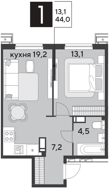 Планировка 1-комн. в ЖК «Парк Победы-2»