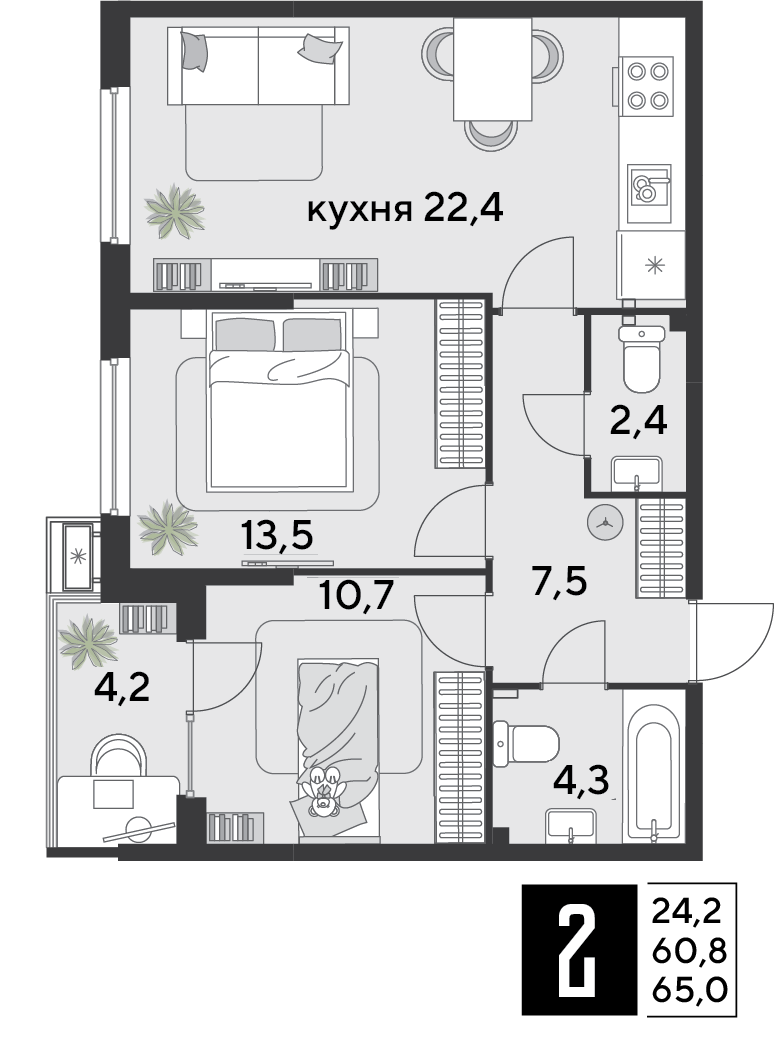 Планировка 2-комн. в ЖК «Парк Победы-2»