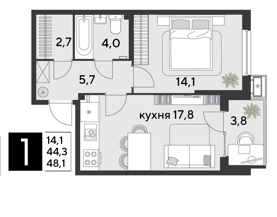 Планировка 1-комн. в ЖК «Парк Победы-2»