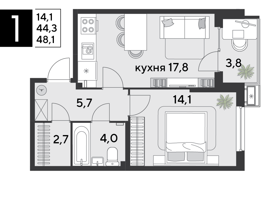 Планировка 1-комн. в ЖК «Парк Победы-2»