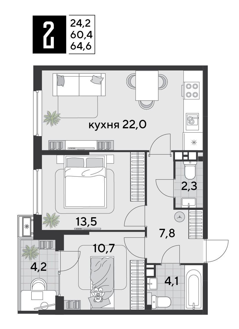 Планировка 2-комн. в ЖК «Парк Победы-2»