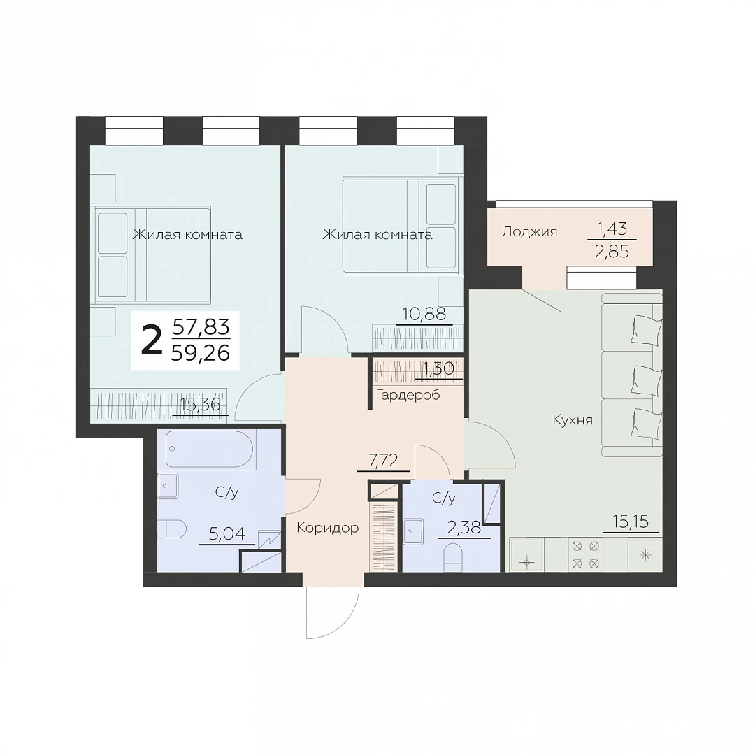 Планировка 2-комн. в ЖК «Заря»