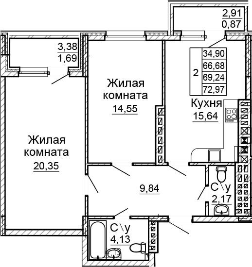 Планировка 3-евро в ЖК «Донской»