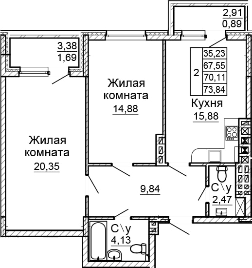 Планировка 3-евро в ЖК «Донской»