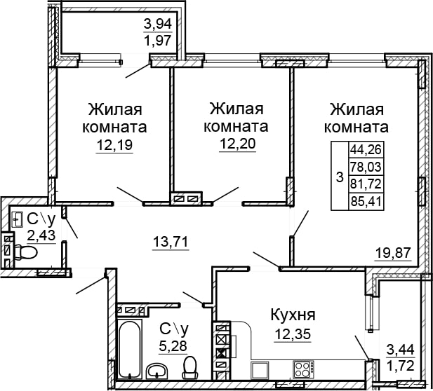 Планировка 3-комн. в ЖК «Донской»