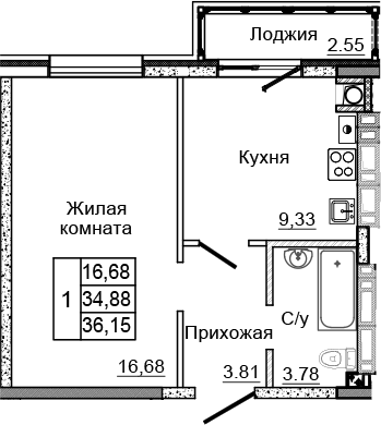 Планировка 1-комн. в ЖК «Донской»