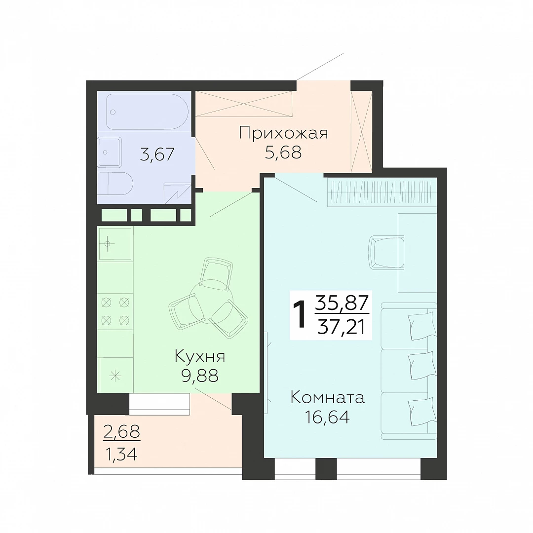 Планировка 1-комн. в ЖК «Квартал 45»