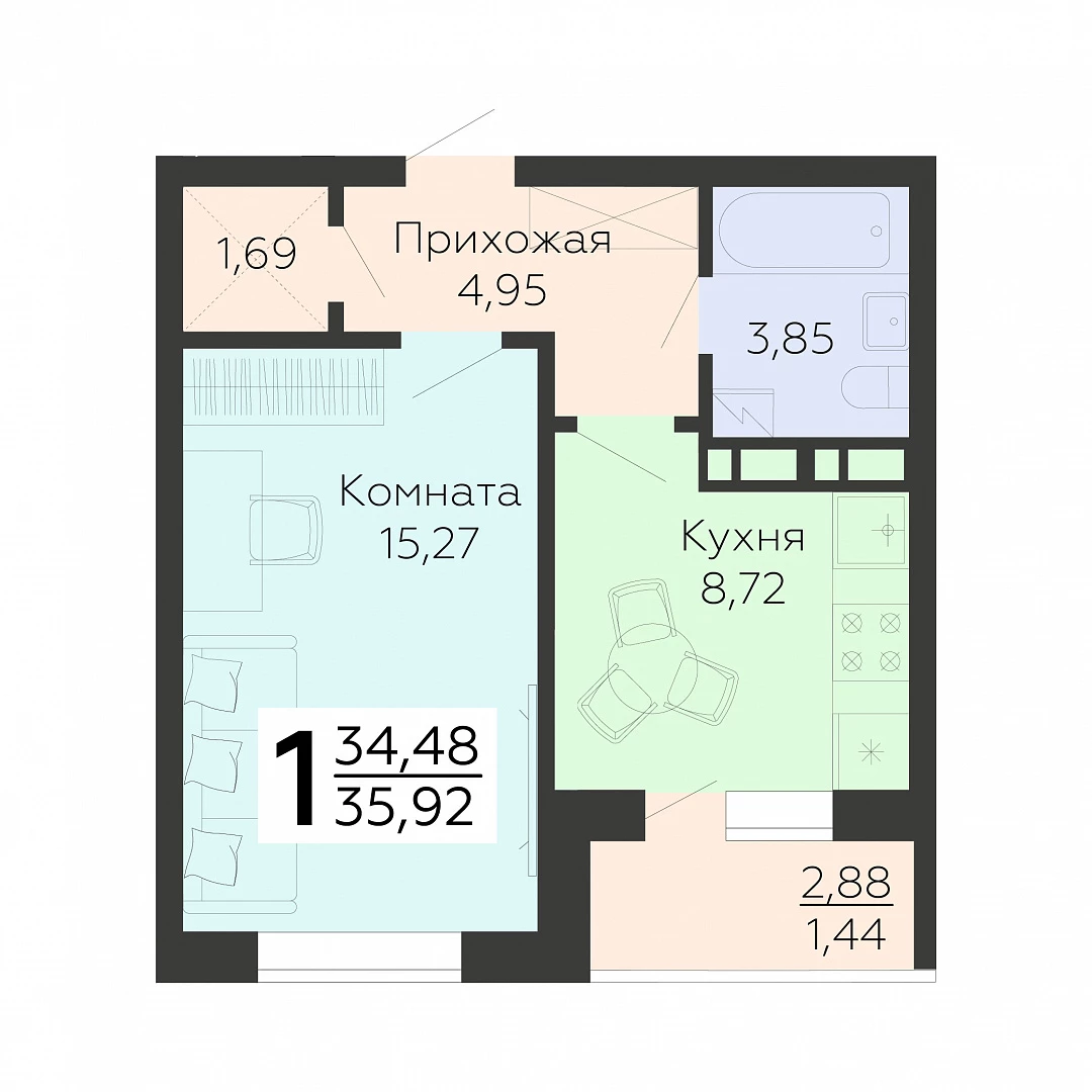 Планировка 1-комн. в ЖК «Квартал 45»