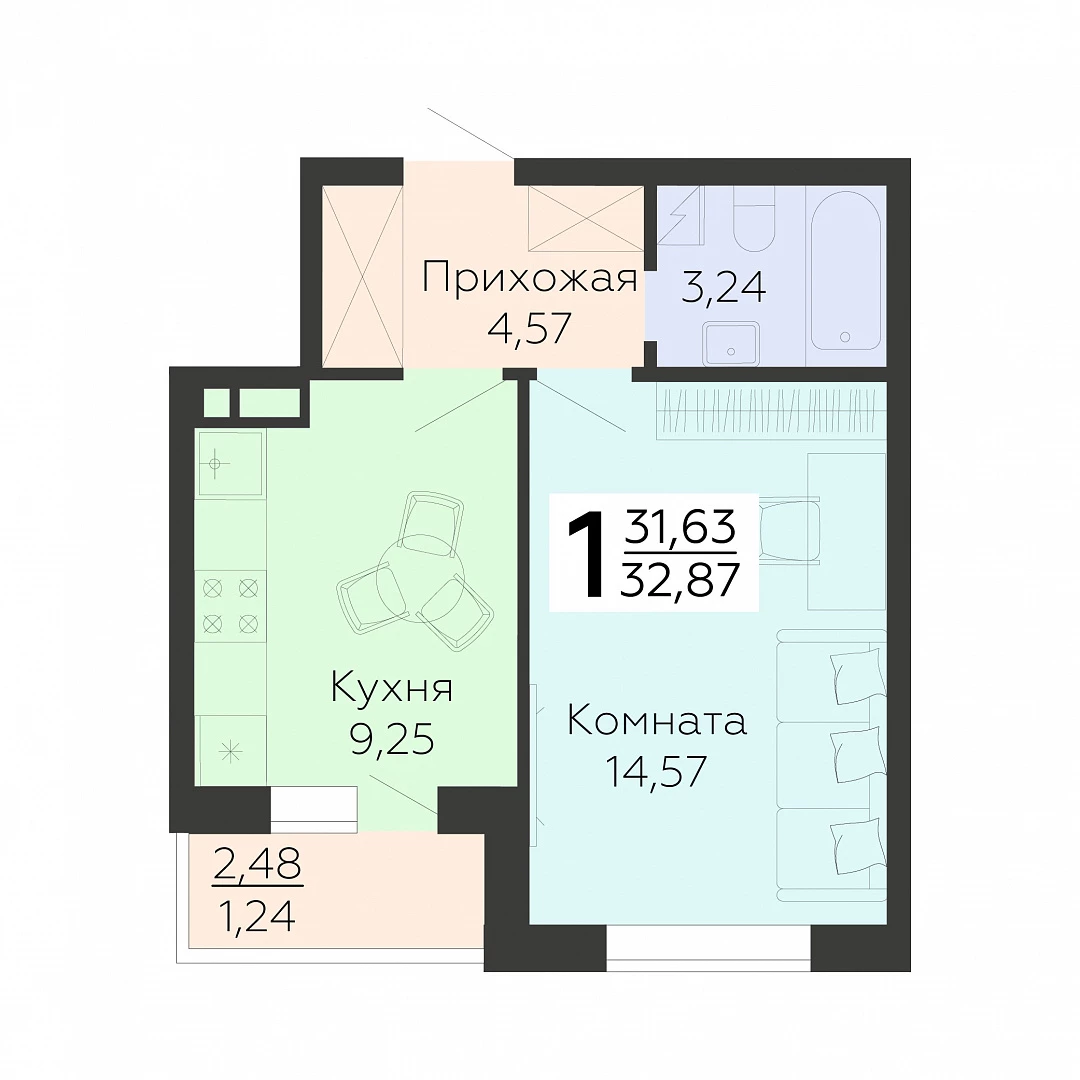 Планировка 1-комн. в ЖК «Квартал 45»