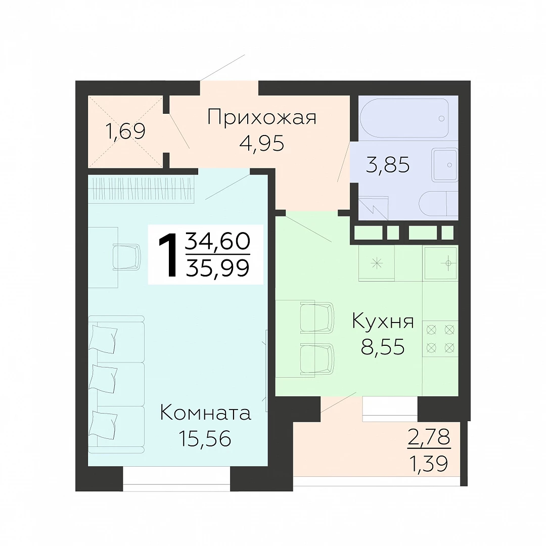Планировка 1-комн. в ЖК «Квартал 45»