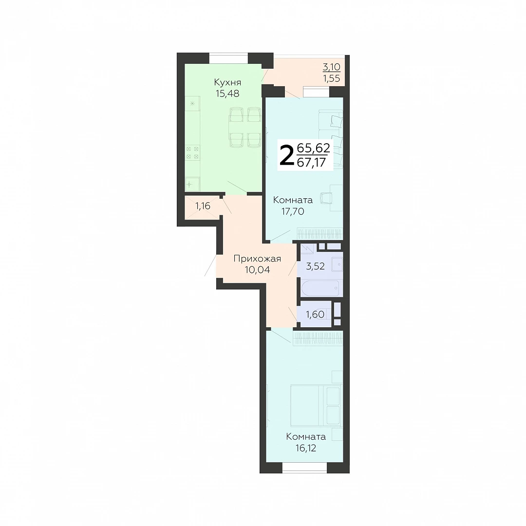 Планировка 2-комн. в ЖК «Квартал 45»