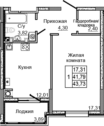 Планировка 1-комн. в ЖК «Донской»
