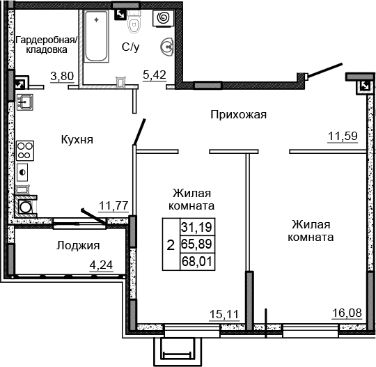 Планировка 2-комн. в ЖК «Донской»