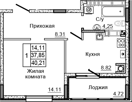 Планировка 1-комн. в ЖК «Донской»