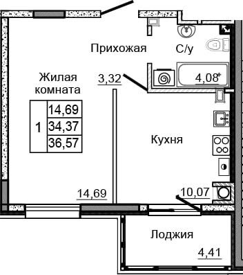 Планировка 1-комн. в ЖК «Донской»