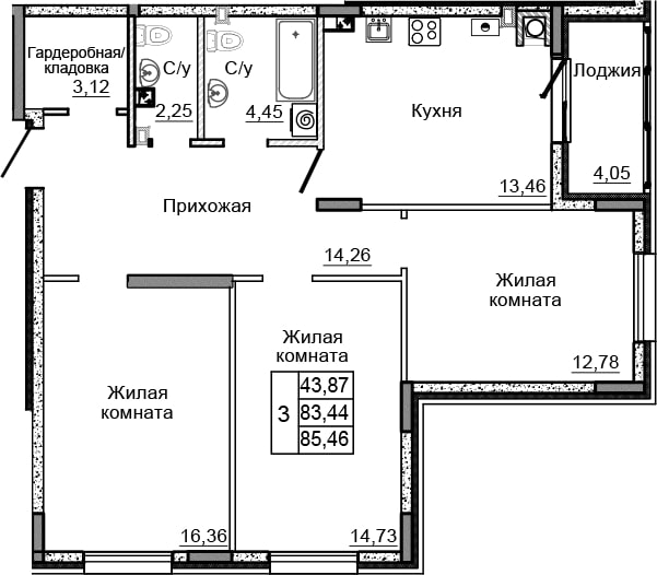 Планировка 3-комн. в ЖК «Донской»