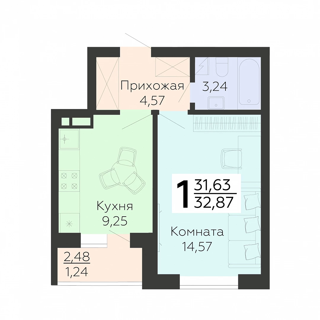 Планировка 1-комн. в ЖК «Квартал 45»