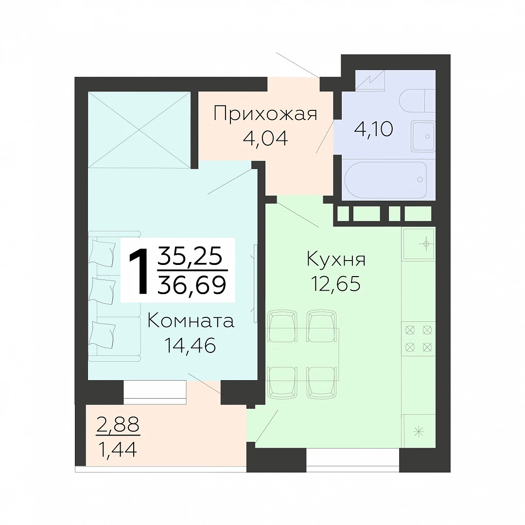 Планировка 1-комн. в ЖК «Квартал 45»