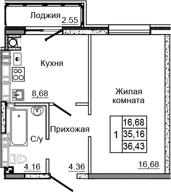 Планировка 1-комн. в ЖК «Донской»
